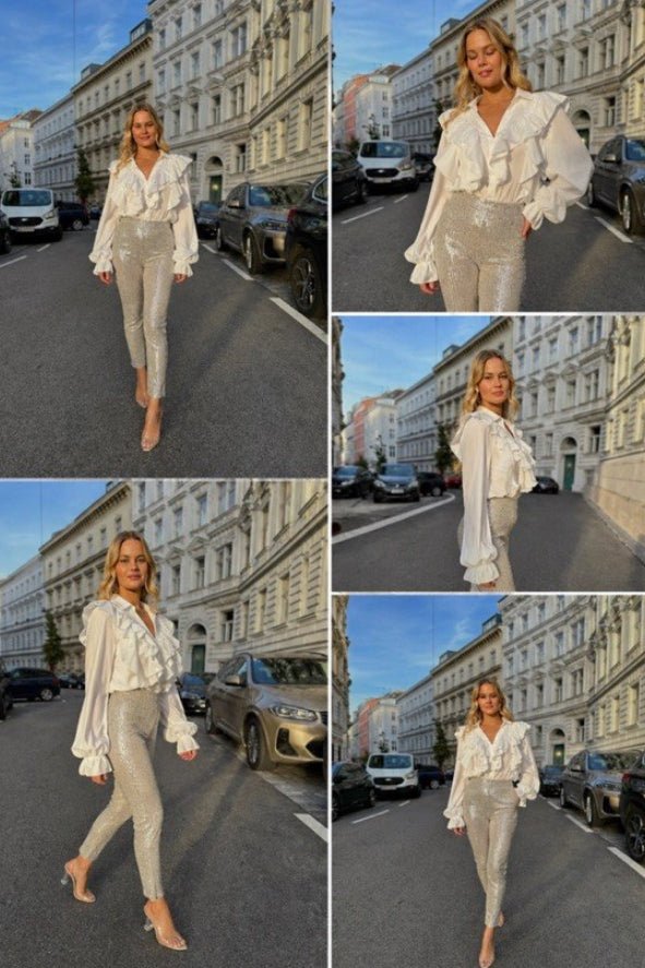 Šljokičaste slim pantalone visokog struka – Glow effect bez truda