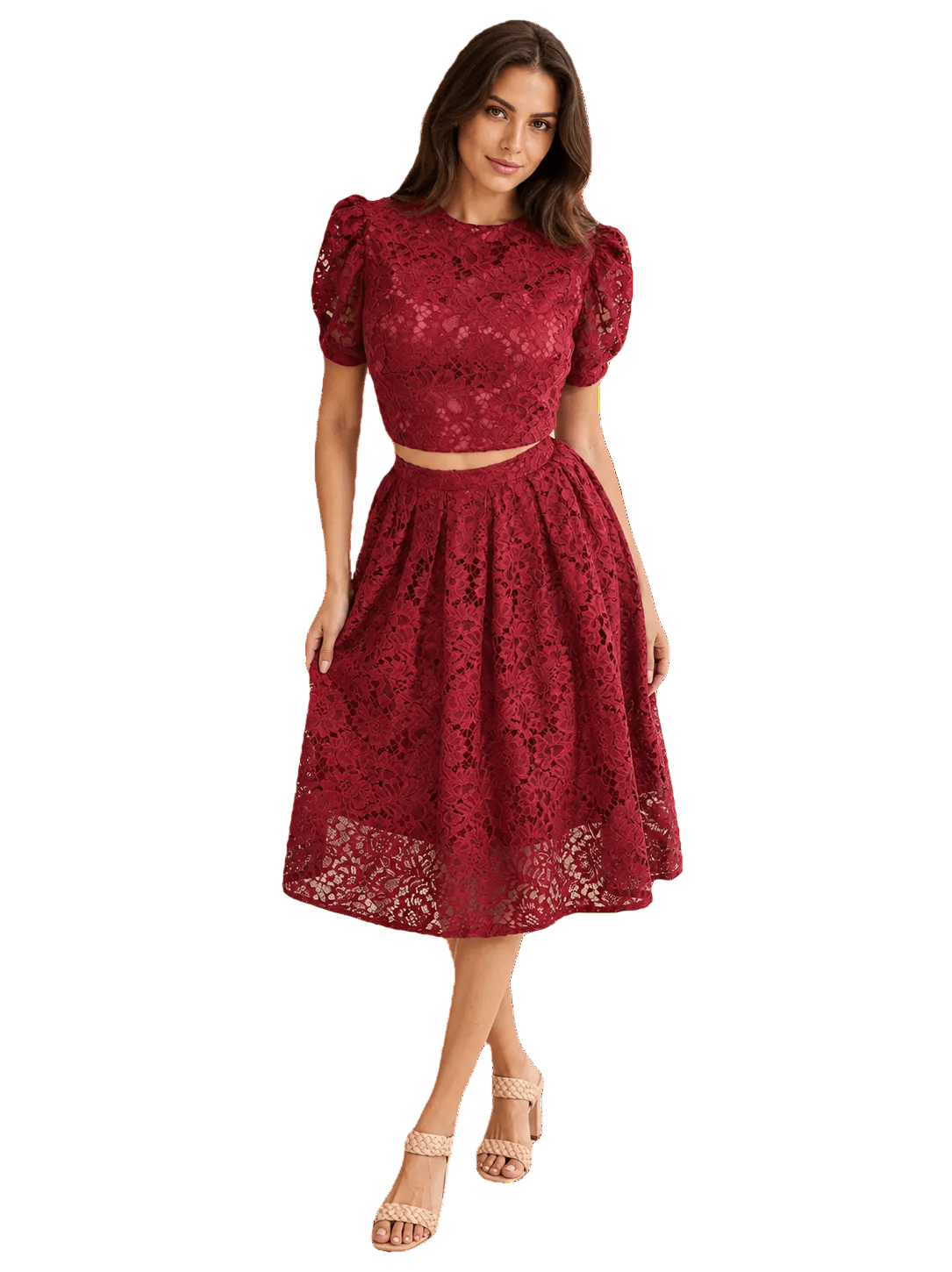Bordo Čipkani Komplet Sarra – Crop Top i Midi Suknja